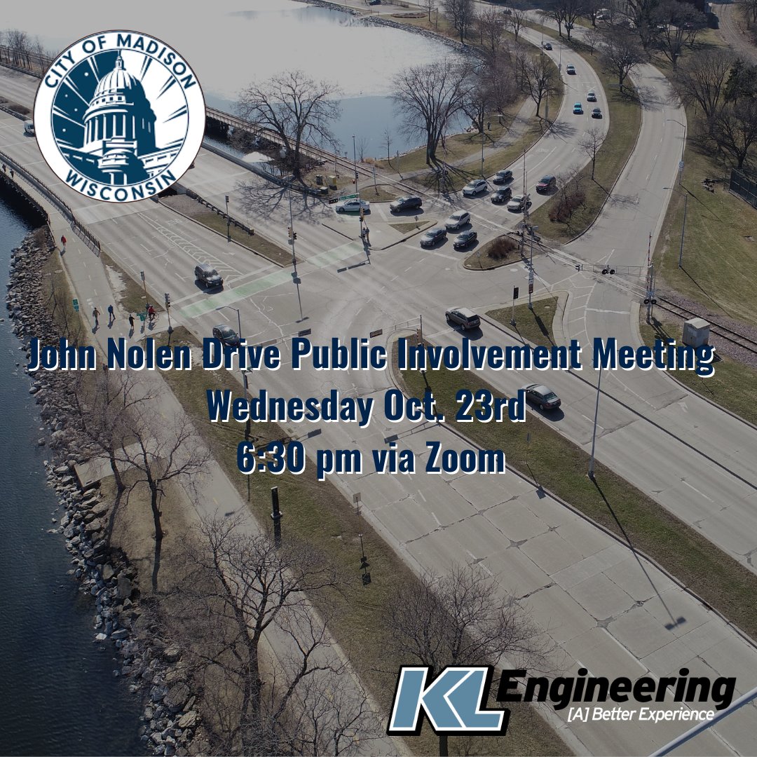 The third public involvement meeting for the John Nolen Drive project will be on Wednesday, October 23rd at 6:30 pm, held virtually over Zoom. The presentation will review the preferred alternative for Phase 1 of the proposed project along with the expected remaining schedule.