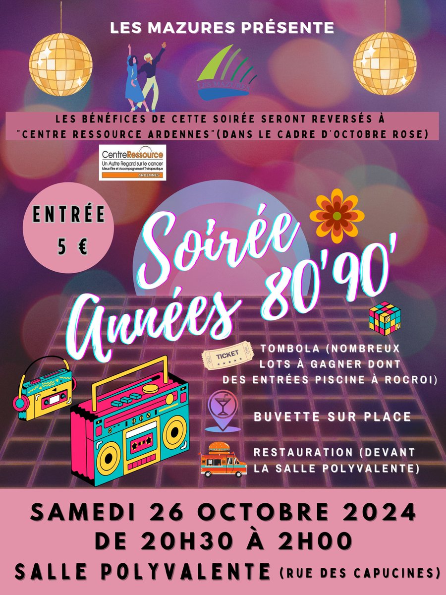LesMazures08's tweet photo. • ÉVÉNEMENT •

Les festivités pour Octobre Rose se concluront avec la soirée "Années 80-90" qui se déroulera le Samedi 26 octobre 2024 à la Salle Polyvalente (rue des Capucines) de 20h30 à 2h00. 🎗

- Entrée : 5€ -

On vous attend nombreux ! ⬇ https://t.co/FNtBbbYA77