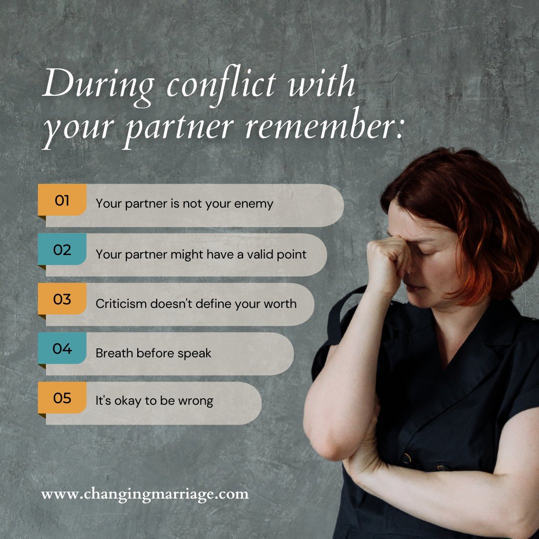 ChangingMarriag's tweet photo. Tips for handling conflict with your partner:

1️⃣ Your partner is not your enemy. 
2️⃣ Take a deep breath before you speak. 
3️⃣ It’s okay to be wrong. Everyone makes mistakes!
4️⃣ Listen closely. Your partner might have a good point.
5️⃣ Remember, criticism doesn’t define your https://t.co/LUcItXhwa0