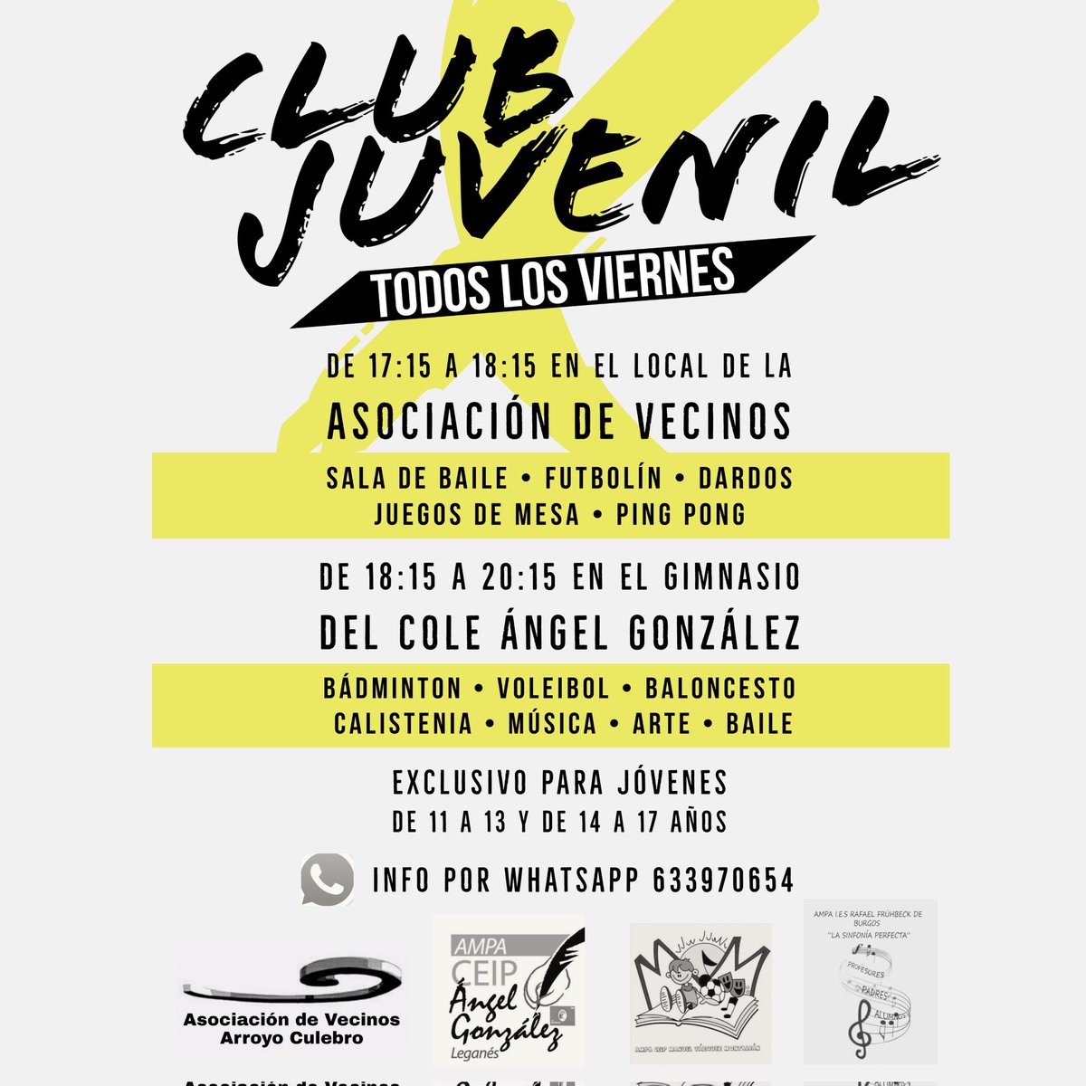 RT Si vives en Arroyo Culebro y tienes un/a chic@ de 11 a 17 años, estás invitado/a a la reunión donde contaremos en qué consiste el nuevo Club Juvenil Arroyo Culebro
🎯🥅🎨🏸🎶
Organiza <a href="/AVArroyoCulebro/">AAVV Arroyo Culebro</a> <a href="/AmpaRafaelFB/">AMPA IES Rafael Frühbeck De Burgos</a> <a href="/ampamvm/">Ampa Manuel Vazquez Montalban</a> <a href="/AmpaAngelGlez/">AMPA  Ángel González</a> 
Colabora <a href="/IES_RFruhbeck/">IES Rafael Frühbeck de Burgos</a> <a href="/AytoLeganes/">Ayuntamiento de Leganés</a>
