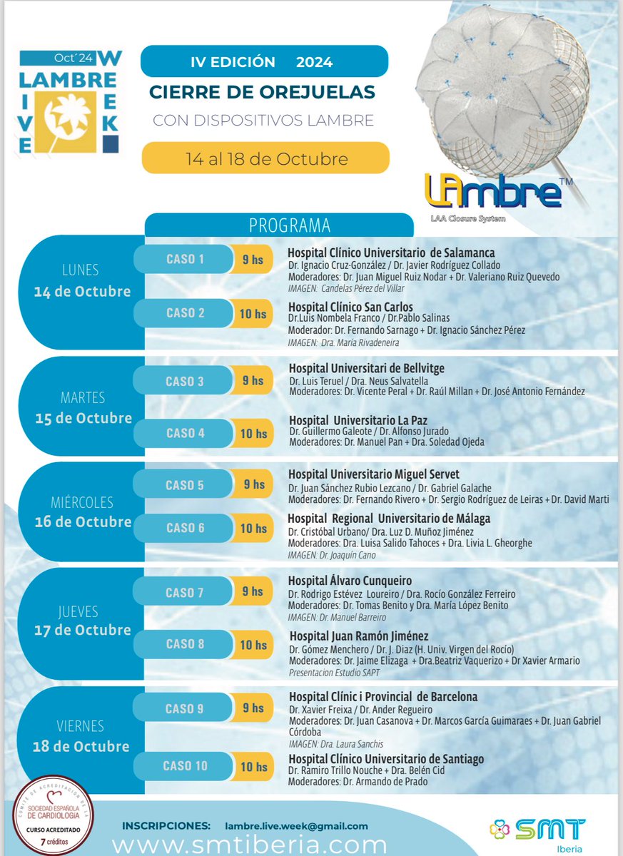 Alejandra Gonzalez (@ale_gonzalez_z) on Twitter photo Viernes 18 Último día del Lambre Live Week 🔚
⏰9hs <a href="/hospitalclinic/">Hospital Clínic</a> con <a href="/freixa_xavier/">Xavier Freixa</a> <a href="/AnderRegueiro/">Ander Regueiro</a> <a href="/lsanchisruiz/">Laura Sanchis</a> #caso9
Moderadores: <a href="/jucasanova1/">juan casanova</a> <a href="/Guimacardio/">Marcos García Guimarães</a> 🔝
⏰10hs Hospital Univ.Santiago con <a href="/ramirotrillo/">Ramiro Trillo</a> <a href="/belcid7/">Belén Cid Alvarez</a>
Moderador:<a href="/foroic/">ArmandoPérez dePrado</a> 🔝<a href="/IberiaSmt/">SMT Iberia</a> <a href="/LifeTechScient/">LifeTech Scientific</a> #Lambre Viernes 18 Último día del Lambre Live Week 🔚
⏰9hs <a href="/hospitalclinic/">Hospital Clínic</a> con <a href="/freixa_xavier/">Xavier Freixa</a> <a href="/AnderRegueiro/">Ander Regueiro</a> <a href="/lsanchisruiz/">Laura Sanchis</a> #caso9
Moderadores: <a href="/jucasanova1/">juan casanova</a> <a href="/Guimacardio/">Marcos García Guimarães</a> 🔝
⏰10hs Hospital Univ.Santiago con <a href="/ramirotrillo/">Ramiro Trillo</a> <a href="/belcid7/">Belén Cid Alvarez</a>
Moderador:<a href="/foroic/">ArmandoPérez dePrado</a> 🔝<a href="/IberiaSmt/">SMT Iberia</a> <a href="/LifeTechScient/">LifeTech Scientific</a> #Lambre