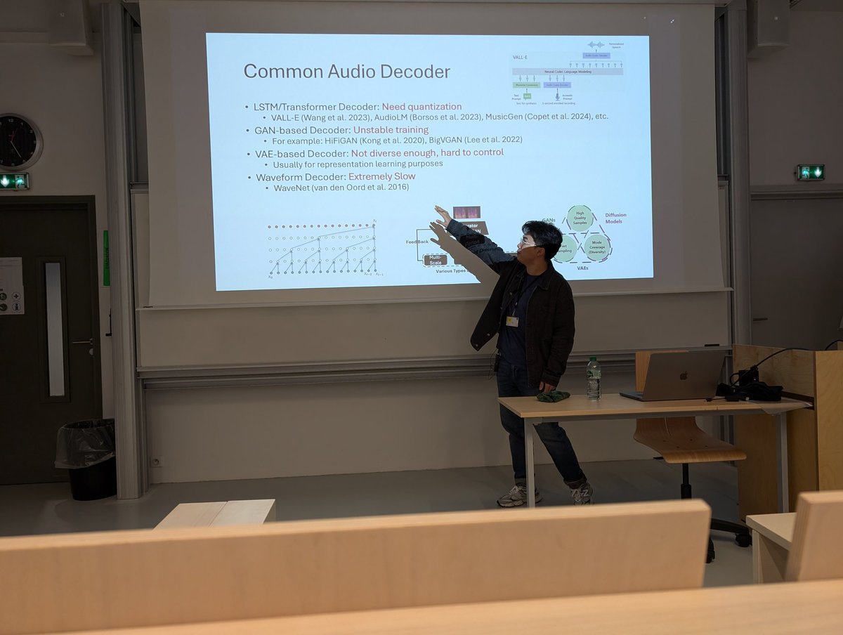 Great talk today by <a href="/LiuHaohe/">Haohe Liu</a> at the <a href="/tp_adasp/">ADASP</a> group on Latent Diffusion Models (LDMs) as versatile audio decoder! Walked us through diffusion basics, AudioLDM for text-to-audio, audio quality enhancement, and neural codecs!