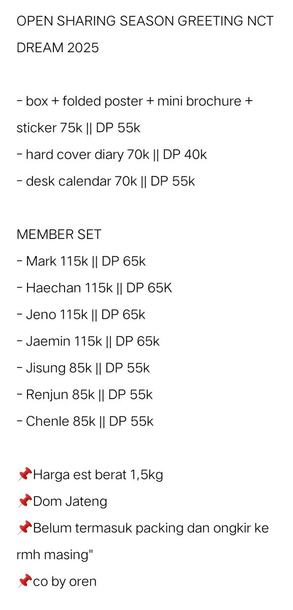 jienuna831's tweet photo. Open Sharing Season Greeting 2025 Nct Dream

Selengkapnya baca di bawah ya
Happy shopping
Harus full slot

T. Jaemin jisung renjun mark chenle jeno haechan 양도 포카 sg25 https://t.co/rtgq99t1l0