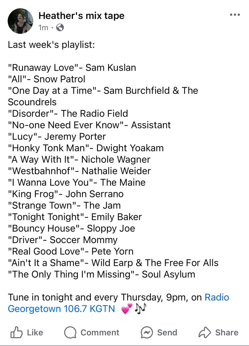 heather’s mix tape (@heathersmixtape) on Twitter photo Last week featured- <a href="/snowpatrol/">Snow Patrol</a>, <a href="/theradiofield/">The Radio Field</a>, <a href="/jeremyporterMI/">Jeremy Porter</a>, <a href="/DwightYoakam/">Dwight Yoakam</a>, <a href="/NicholeWagner_/">Nichole Wagner</a> , <a href="/NathalieWeider/">Nathalie Weider</a>, <a href="/themaine/">The Maine</a>, <a href="/John__Serrano/">John Serrano</a>, @emilybakermusic, @sopharela, <a href="/peteyorn/">Pete Yorn</a>, <a href="/olwildearp/">Wild Earp</a>, <a href="/soulasylum/">Soul Asylum</a> & more!! Tune in Thursdays, 9pm, on <a href="/KGTNGeorgetown/">KGTN Radio</a> 💕🎶 Last week featured- <a href="/snowpatrol/">Snow Patrol</a>, <a href="/theradiofield/">The Radio Field</a>, <a href="/jeremyporterMI/">Jeremy Porter</a>, <a href="/DwightYoakam/">Dwight Yoakam</a>, <a href="/NicholeWagner_/">Nichole Wagner</a> , <a href="/NathalieWeider/">Nathalie Weider</a>, <a href="/themaine/">The Maine</a>, <a href="/John__Serrano/">John Serrano</a>, @emilybakermusic, @sopharela, <a href="/peteyorn/">Pete Yorn</a>, <a href="/olwildearp/">Wild Earp</a>, <a href="/soulasylum/">Soul Asylum</a> & more!! Tune in Thursdays, 9pm, on <a href="/KGTNGeorgetown/">KGTN Radio</a> 💕🎶