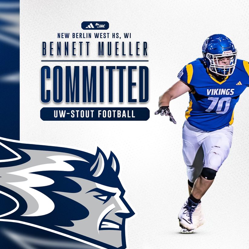 Bennett Mueller (@benmueller70) on Twitter photo After a phone call with <a href="/CoachDeBo76/">Derek Branch</a> I am excited to announce my commitment to further my education and football career at UW-Stout. Thank you to everyone who supported me through this journey. Go Blue Devils! #BleedBlue <a href="/NBWFOOTBALL/">Viking Football</a> <a href="/BlueDevil_HC/">Clayt Birmingham</a> After a phone call with <a href="/CoachDeBo76/">Derek Branch</a> I am excited to announce my commitment to further my education and football career at UW-Stout. Thank you to everyone who supported me through this journey. Go Blue Devils! #BleedBlue <a href="/NBWFOOTBALL/">Viking Football</a> <a href="/BlueDevil_HC/">Clayt Birmingham</a>