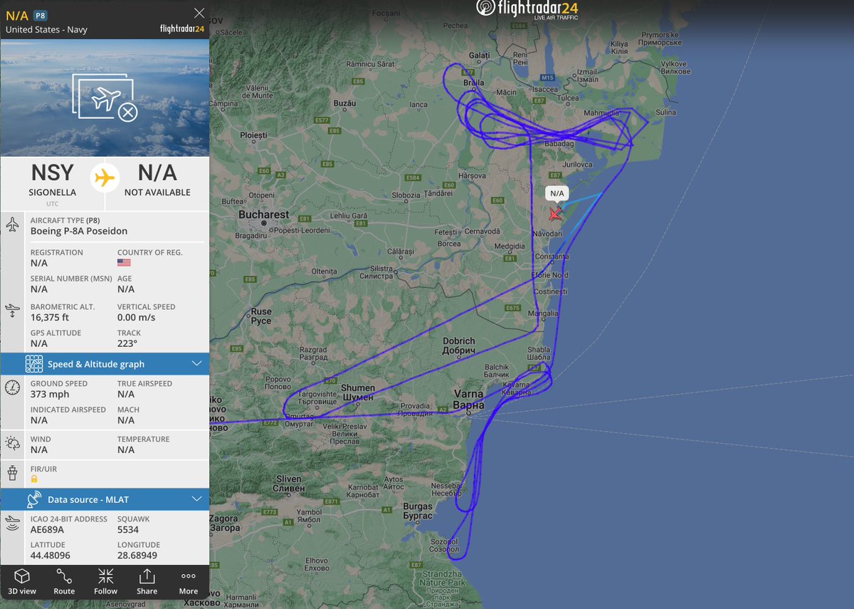 alternativewip's tweet photo. #USNavy P-8A poseidon seen on the flight radar operating to the east of romania and bulgaria at the coastline with the black sea, departure from sigonella naval base italy. #AE689A https://t.co/vr8SibDk5Z