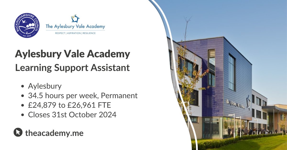 teachbucks's tweet image. Aylesbury Vale Academy wish to appoint a Learning Support Assistant to a very busy, successful team. The successful candidate will be creative, knowledgeable, and enthusiastic. Find out more: ow.ly/4g6M50TNFjj
#LearningSupportAssistant #TeachingAssistant #JobsinSchools