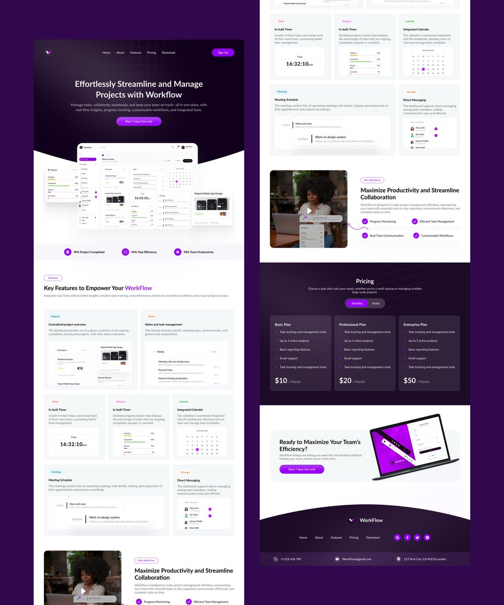 Just completed a SaaS landing page design for a project management dashboard - WorkFlow✨💜