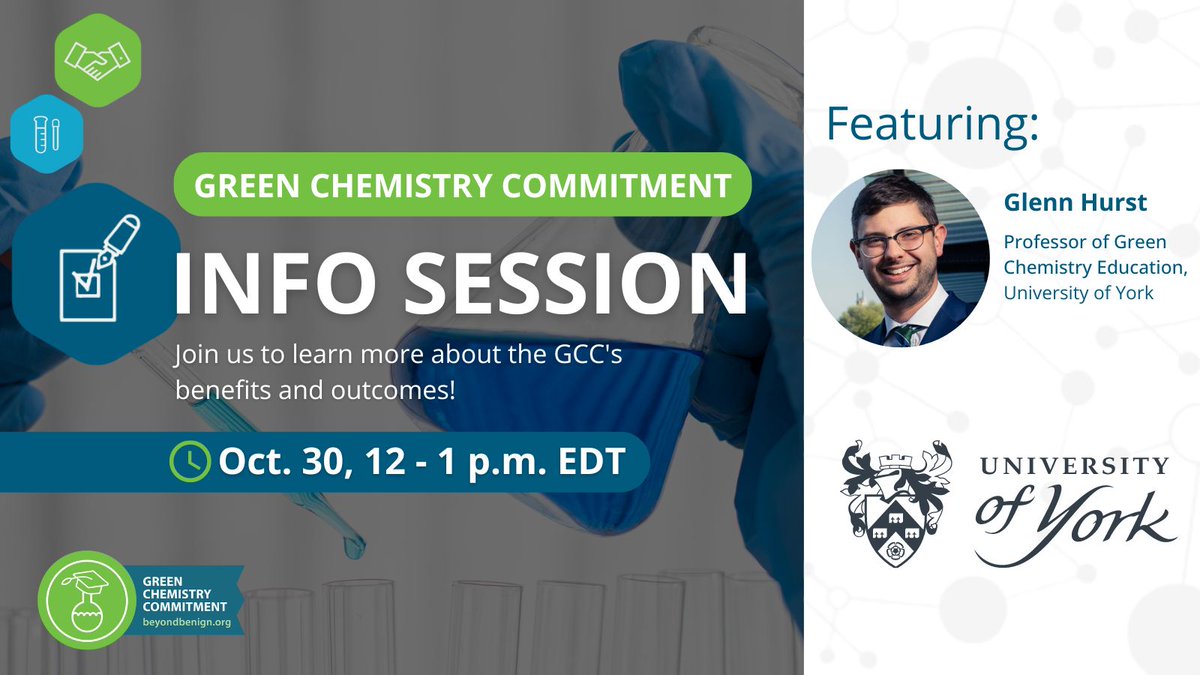 Beyond Benign (@beyondbenign) on Twitter photo Curious about integrating #GreenChemistry at your institution? Join our GCC Info Session on Oct 30th! @GlennAdamHurst (<a href="/GreenChemYork/">Green Chemistry York</a>) will share how collaborating with students can foster change & how the GCC supports <a href="/ChemistryatYork/">Chemistry at York</a>'s goals: buff.ly/48cDJXE Curious about integrating #GreenChemistry at your institution? Join our GCC Info Session on Oct 30th! @GlennAdamHurst (<a href="/GreenChemYork/">Green Chemistry York</a>) will share how collaborating with students can foster change & how the GCC supports <a href="/ChemistryatYork/">Chemistry at York</a>'s goals: buff.ly/48cDJXE