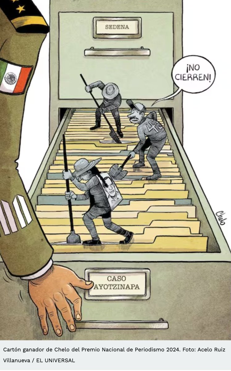 Muy importante que 4 de los premios nacionales de periodismo (caricatura, opinión, reportaje y el mío de crónica) son sobre desapariciones de personas en México; en las 4 piezas el ejército mexicano es responsable. Un tema que quienes gobiernan quieren ignorar y que no se