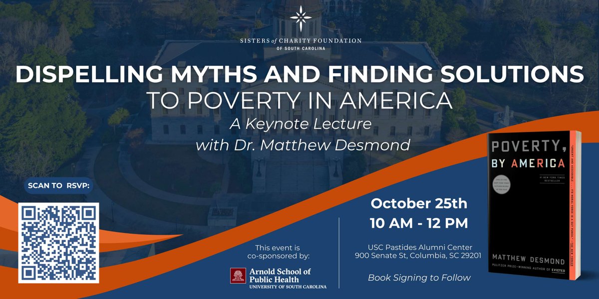 You won't want to miss this special talk by Pulitzer Prize-winning author, Matthew Desmond, on “Dispelling Myths and Finding Solutions to Poverty in America” at 10am on October 25 at the <a href="/UofSCAlumCenter/">Pastides Alumni Center</a>. 

RSVP now to save your seat ➡️ ow.ly/SpxW50TNLCU 
<a href="/SCFSC/">SCFSC</a>