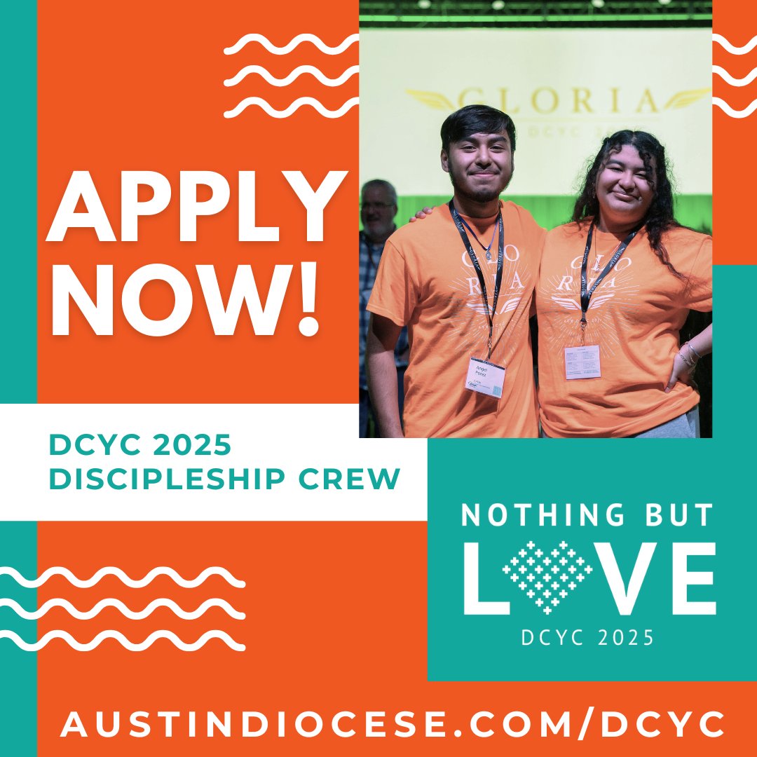 Applications are now available for the 2025 DCYC Discipleship CREW! This opportunity is for 10-12th grade students who have attended DCYC in the past &amp; want to help us make this conference memorable once again. Applications are available through Oct. 22: austindiocese.org/dcyc-disciples….