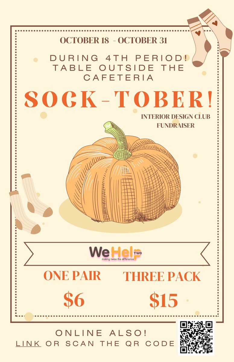 SHS Interior Design (@shs_intdesign) on Twitter photo Need socks for the Pink Out Game Friday??
Come by our table Friday during lunch to buy socks & support the Interior Design program! $15 for a pack of 3... you can split it with your friends :) Cash only.
Want to order online? QR code is on the flyer!
<a href="/SmyrnaBulldog/">Smyrna Bulldog</a> #onlyoneshs Need socks for the Pink Out Game Friday??
Come by our table Friday during lunch to buy socks & support the Interior Design program! $15 for a pack of 3... you can split it with your friends :) Cash only.
Want to order online? QR code is on the flyer!
<a href="/SmyrnaBulldog/">Smyrna Bulldog</a> #onlyoneshs