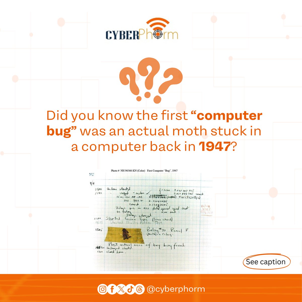 CyberPhorm's tweet image. In 1947, mathematician and computer pioneer Grace Hopper discovered the insect lodged in a relay switch of Harvard&apos;s Mark II computer, causing a system malfunction.

This pivotal moment coined the term &quot;bug&quot; 

#Cyberphorm #Cybersecurity #ComputerHistory #GraceHopper #BugOrigins