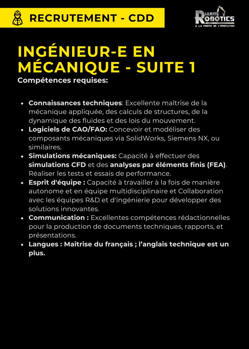 RoboticsDiakite's tweet image. 🚨 IMPORTANT :Diakité Robotics recrute un(e) Ingénieur(e) Mécanique ‼️

👨‍🔧🛠️Poste - Ingénieur-e en Mécanique 

#DiakitéRobotics #Recrutement  #IngénieurMécanique#Innovation #Mécatronique #Emploi