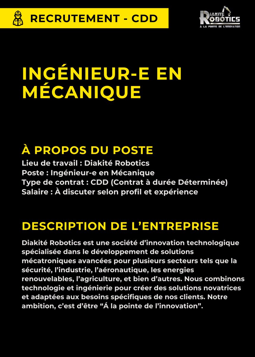 RoboticsDiakite's tweet image. 🚨 IMPORTANT :Diakité Robotics recrute un(e) Ingénieur(e) Mécanique ‼️

👨‍🔧🛠️Poste - Ingénieur-e en Mécanique 

#DiakitéRobotics #Recrutement  #IngénieurMécanique#Innovation #Mécatronique #Emploi