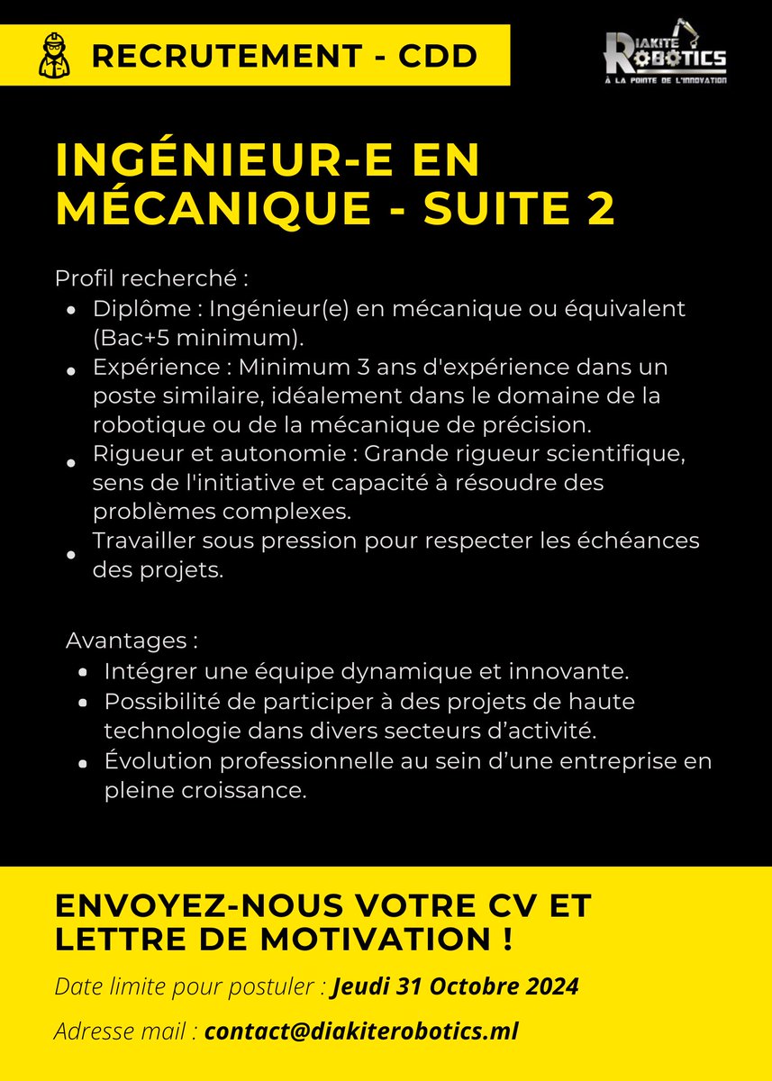 RoboticsDiakite's tweet image. 🚨 IMPORTANT :Diakité Robotics recrute un(e) Ingénieur(e) Mécanique ‼️

👨‍🔧🛠️Poste - Ingénieur-e en Mécanique 

#DiakitéRobotics #Recrutement  #IngénieurMécanique#Innovation #Mécatronique #Emploi