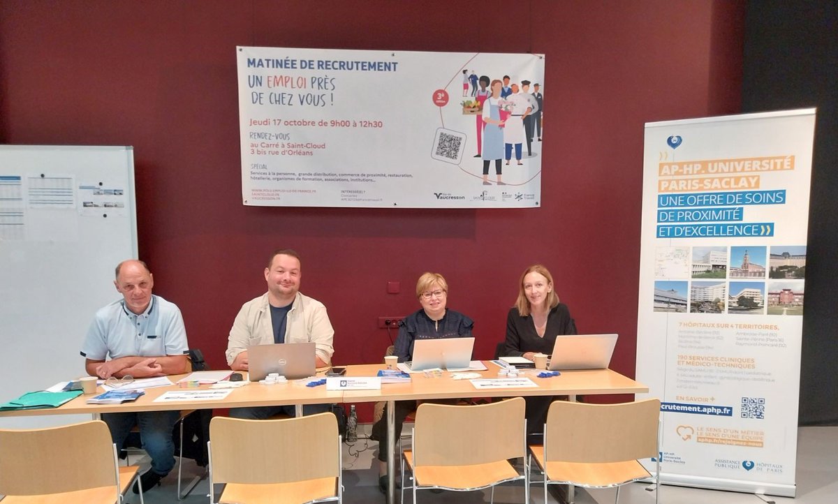 Hôpital Antoine-Béclère AP-HP (@antoine_beclere) on Twitter photo #APHPrecrute
Matinée "Un emploi près de chez vous" organisée par <a href="/FranceTravail/">France Travail</a> <a href="/villederueil/">Rueil-Malmaison</a>, <a href="/VilleSaintCloud/">Ville de Saint-Cloud</a> et la #villedevaucresson.
72 entretiens réalisés par les recruteurs du GHU
<a href="/APHP/">Assistance Publique – Hôpitaux de Paris (AP-HP)</a> Université Paris-Saclay pour les métiers techniques, administratifs et logistiques ! #APHPrecrute
Matinée "Un emploi près de chez vous" organisée par <a href="/FranceTravail/">France Travail</a> <a href="/villederueil/">Rueil-Malmaison</a>, <a href="/VilleSaintCloud/">Ville de Saint-Cloud</a> et la #villedevaucresson.
72 entretiens réalisés par les recruteurs du GHU
<a href="/APHP/">Assistance Publique – Hôpitaux de Paris (AP-HP)</a> Université Paris-Saclay pour les métiers techniques, administratifs et logistiques !