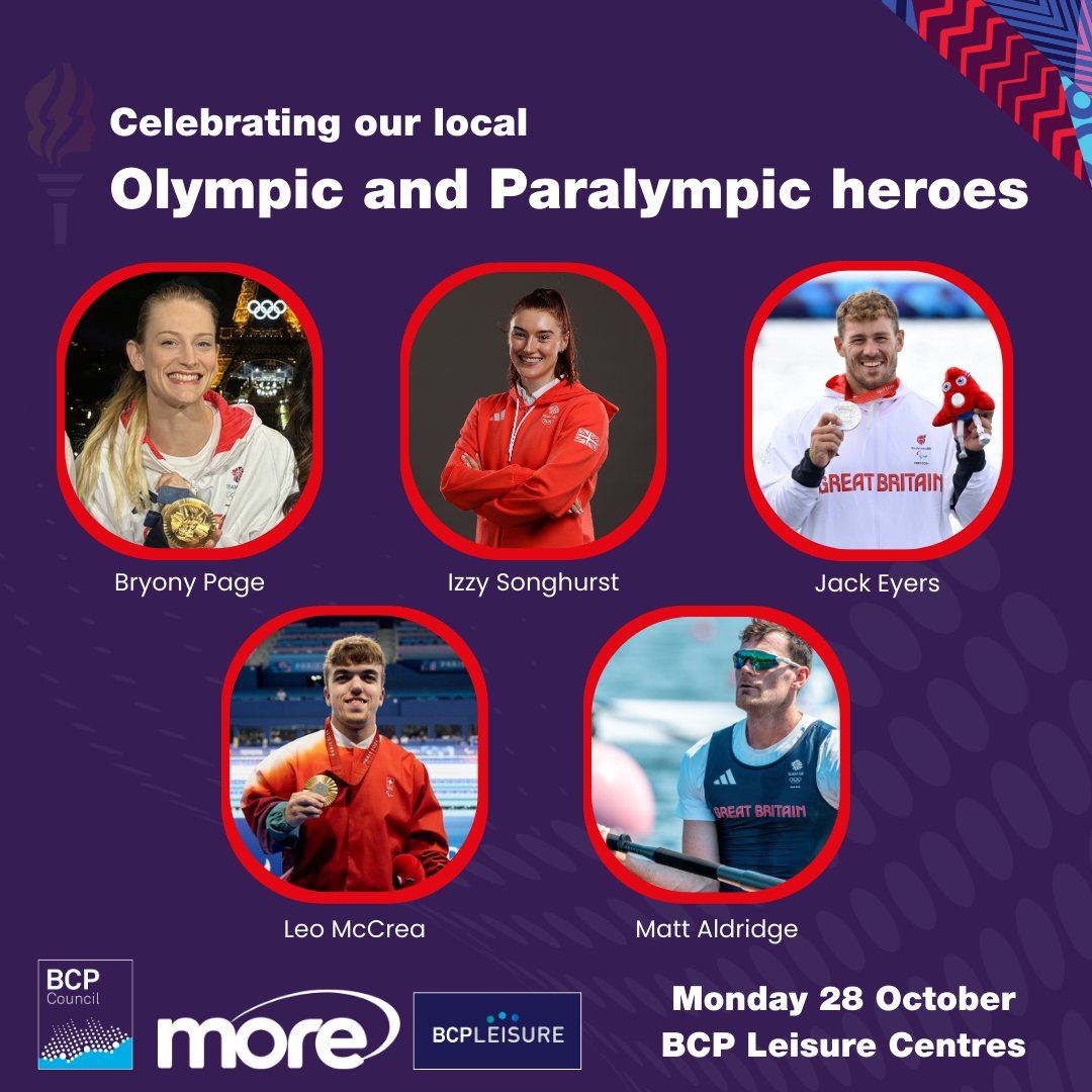 🎉 Join us in celebrating our local Olympic and Paralympic heroes! 🌟
On 28 October, join us and <a href="/Morebusco/">morebus</a> as some of these incredible athletes travel through BCP, stopping at leisure centres. Meet them and snap a pic! #Paris2024 👏🏽💪🏽
Find out more: bit.ly/BCP-OlympicsPa…