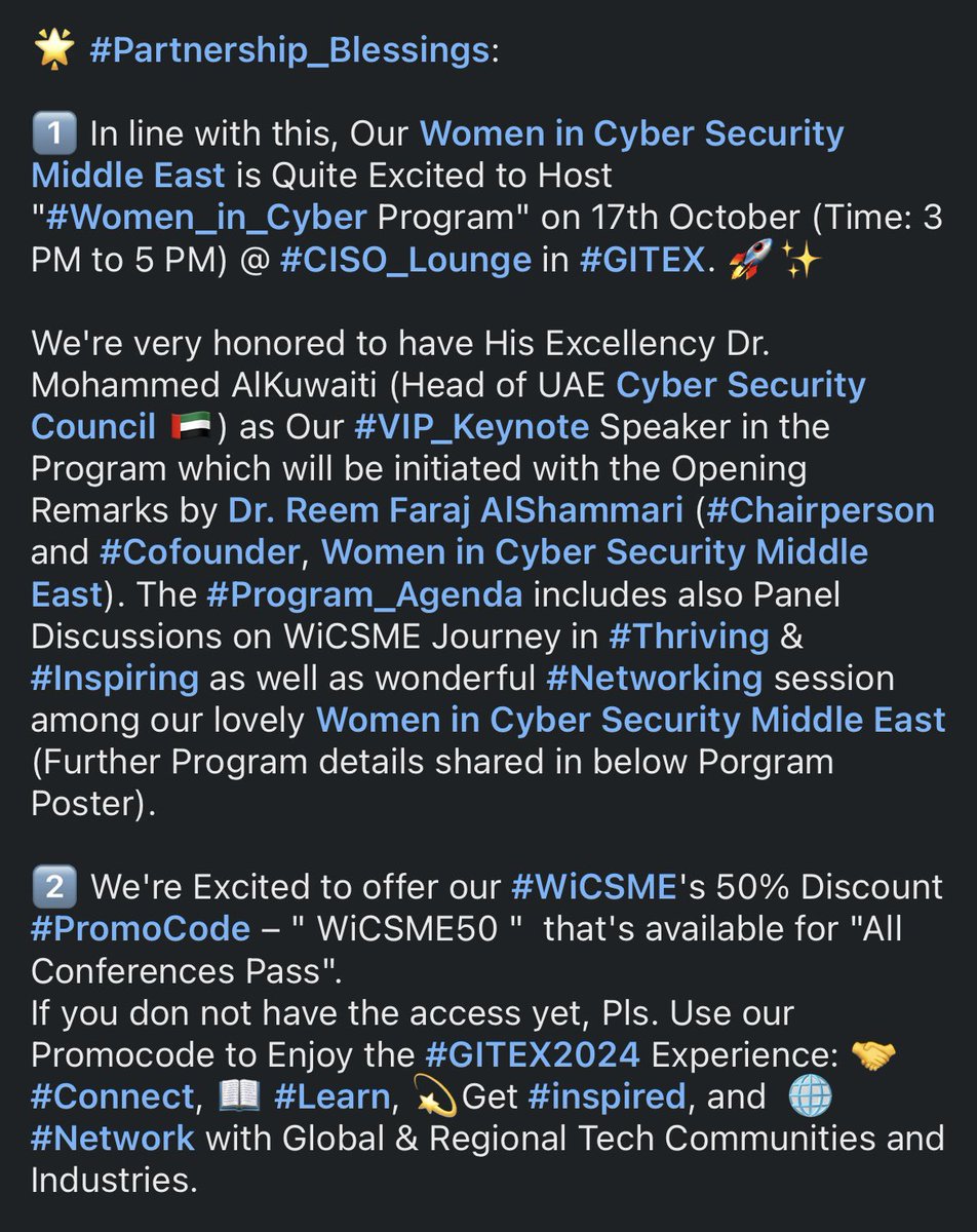 WiCSME's tweet image. 🌟 #WiCSME #Partnership_Blessings 🌟
We’re hosting the “#Women_in_Cyber Program” on Oct 17 (3 PM - 5 PM) at the #CISO_Lounge @ #GITEX2024!