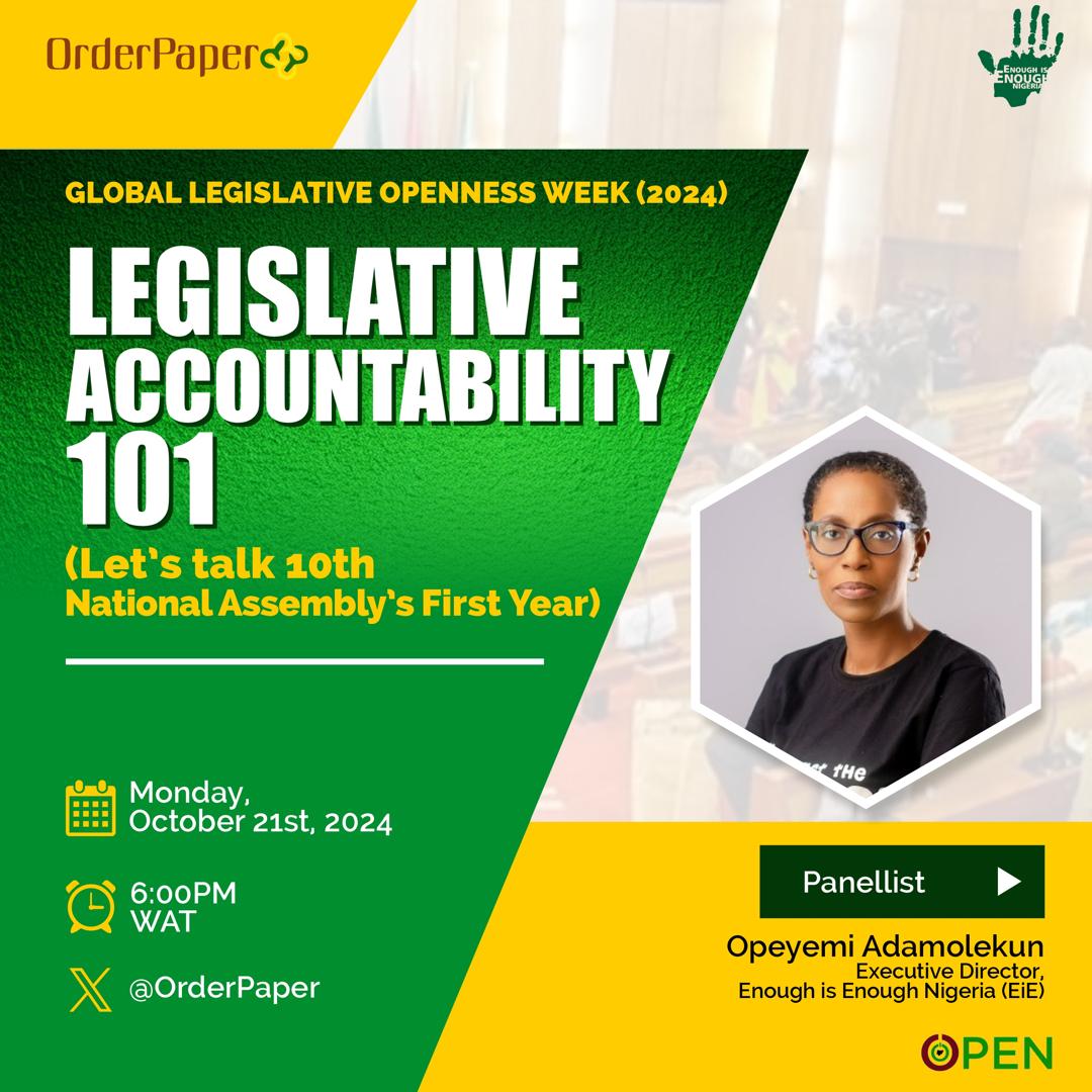 EiENigeria's tweet photo. Our Executive Director @_yemia joins distinguished panelists at #GLOW24 to evaluate the 10th National Assembly's first year.
Set your reminder for this important conversation on an open &amp; accountable National Assembly. #OpenNASS  @OrderPaper https://t.co/DA54XyjaVi