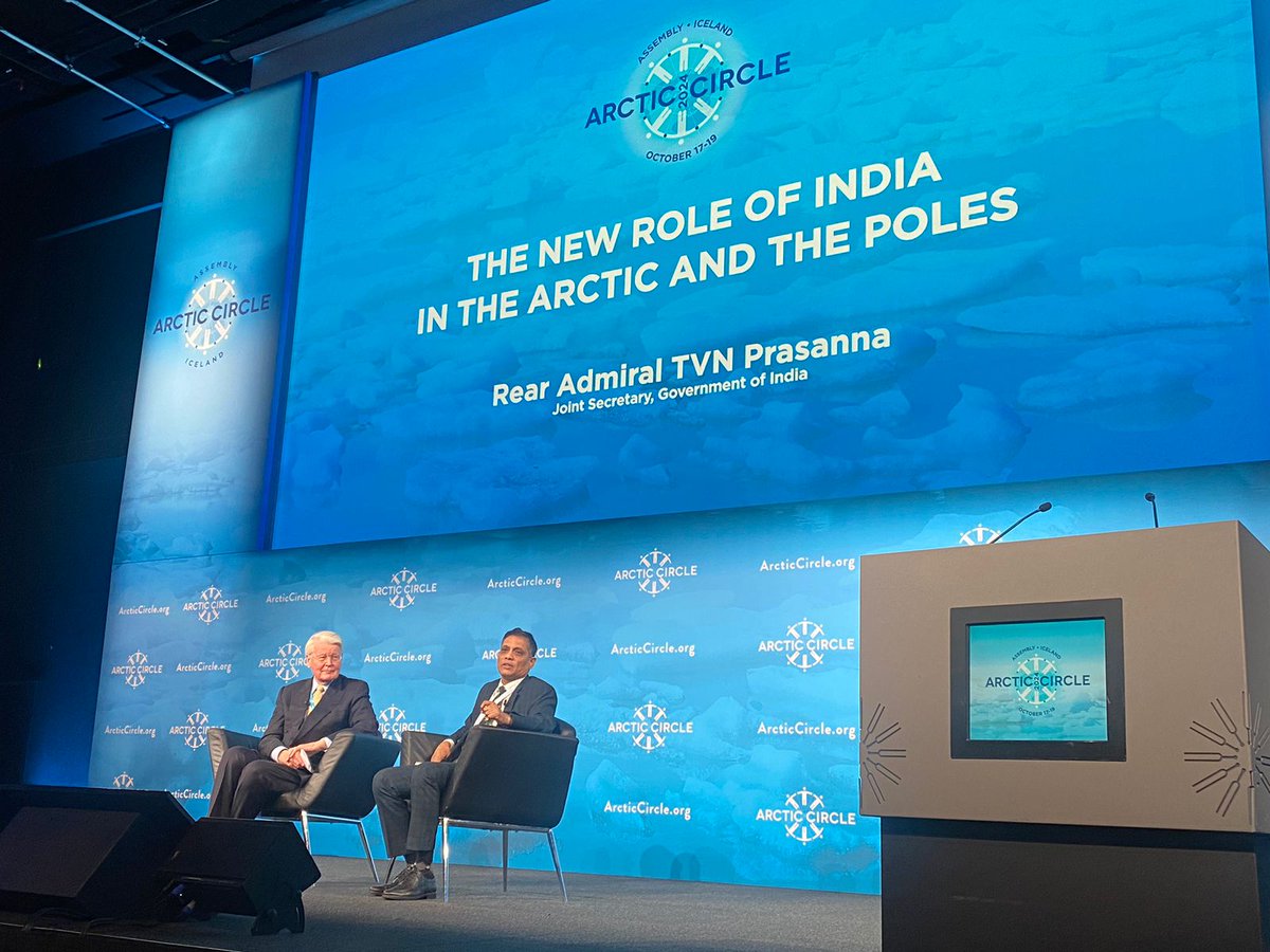 Rear Admiral TVN Prasanna, Joint Secretary, National Security Council Secretariat addressed the gathering at the Plenary Session titled "The new role of India in the Arctic and the Poles" on 17th Oct at the <a href="/_Arctic_Circle/">Arctic Circle</a>  held in Reykjavik.  <a href="/MEAIndia/">Randhir Jaiswal</a> <a href="/moesgoi/">MoES GoI</a>