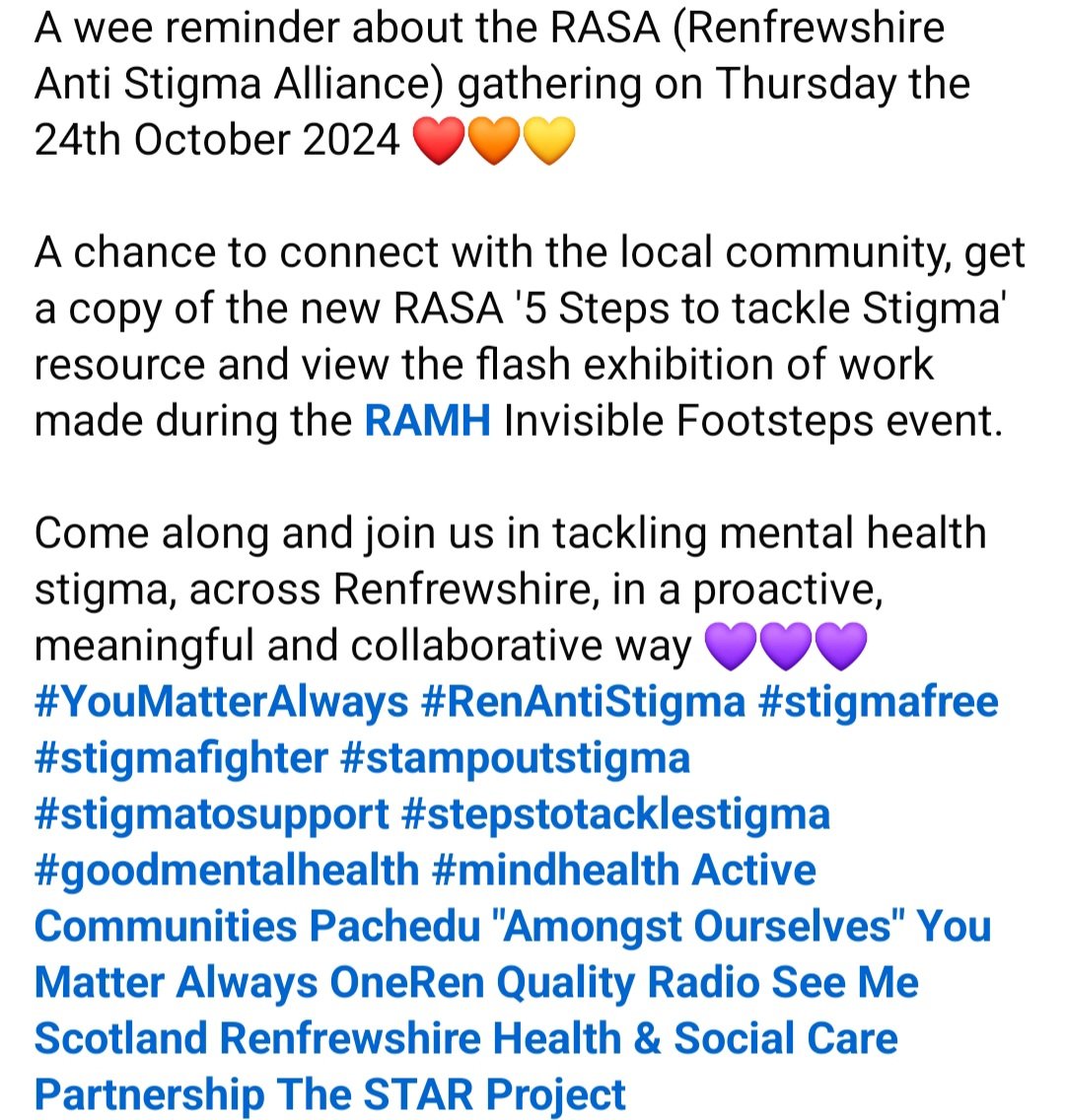 Suzie Baines (@suzieyma) on Twitter photo A wee reminder about the RASA (Renfrewshire Anti Stigma Alliance) gathering on Thursday the 24th October 2024 β€οΈ <a href="/SuzieYMA/">Suzie Baines</a> <a href="/RASA_AntiStigma/">RenAntiStigma</a> <a href="/ACommunities/">Active Communities</a> <a href="/Pachedu01/">Pachedu 'Amongst Ourselves'</a> <a href="/weareoneren/">OneRen</a> <a href="/QualityRadioUK/">Quality Radio</a> <a href="/seemescotland/">See Me</a> <a href="/RenHSCP/">Renfrewshire Health and Social Care Partnership</a> <a href="/STARprojPaisley/">The STAR Project</a> #stigmafree #bethechange #RippleEffect A wee reminder about the RASA (Renfrewshire Anti Stigma Alliance) gathering on Thursday the 24th October 2024 β€οΈ <a href="/SuzieYMA/">Suzie Baines</a> <a href="/RASA_AntiStigma/">RenAntiStigma</a> <a href="/ACommunities/">Active Communities</a> <a href="/Pachedu01/">Pachedu 'Amongst Ourselves'</a> <a href="/weareoneren/">OneRen</a> <a href="/QualityRadioUK/">Quality Radio</a> <a href="/seemescotland/">See Me</a> <a href="/RenHSCP/">Renfrewshire Health and Social Care Partnership</a> <a href="/STARprojPaisley/">The STAR Project</a> #stigmafree #bethechange #RippleEffect