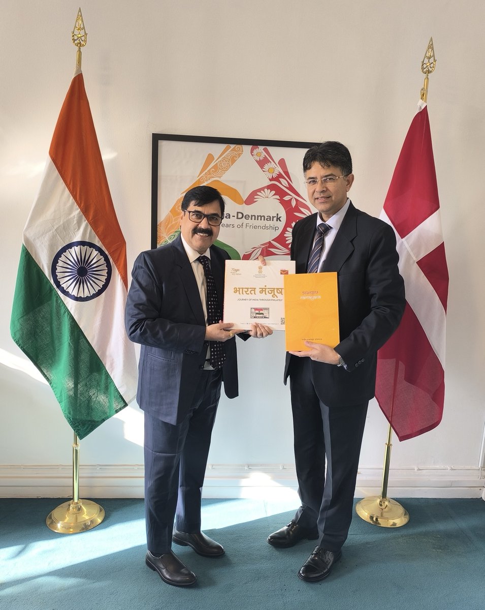 IndiainDenmark's tweet photo. Shri Sachin Kishore, Deputy Director General,  Dept of Posts met Amb @ManishPrabhat06 as India Post participates in the ongoing HAFNIA 2024, European Stamp Exhibition in Copenhagen. Possible cooperation of India Post with Denmark was also discussed. #IndiaDenmark https://t.co/cQLSHN6dPG