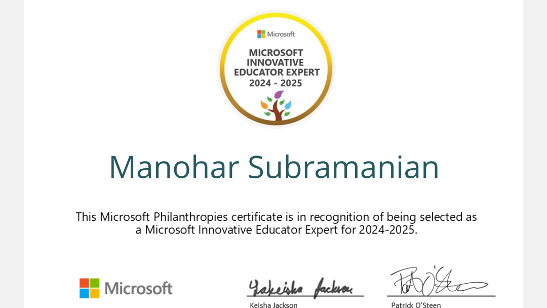 MANOHARSuba's tweet photo. Wondeful recognition from @MicrosoftEDU  🥰
#MicrosoftEdu 
#MicrosoftEducation 
#MIEExpert 
#MIEFELLOW
#mieexpert2024_2025 https://t.co/byhmSJrDPZ