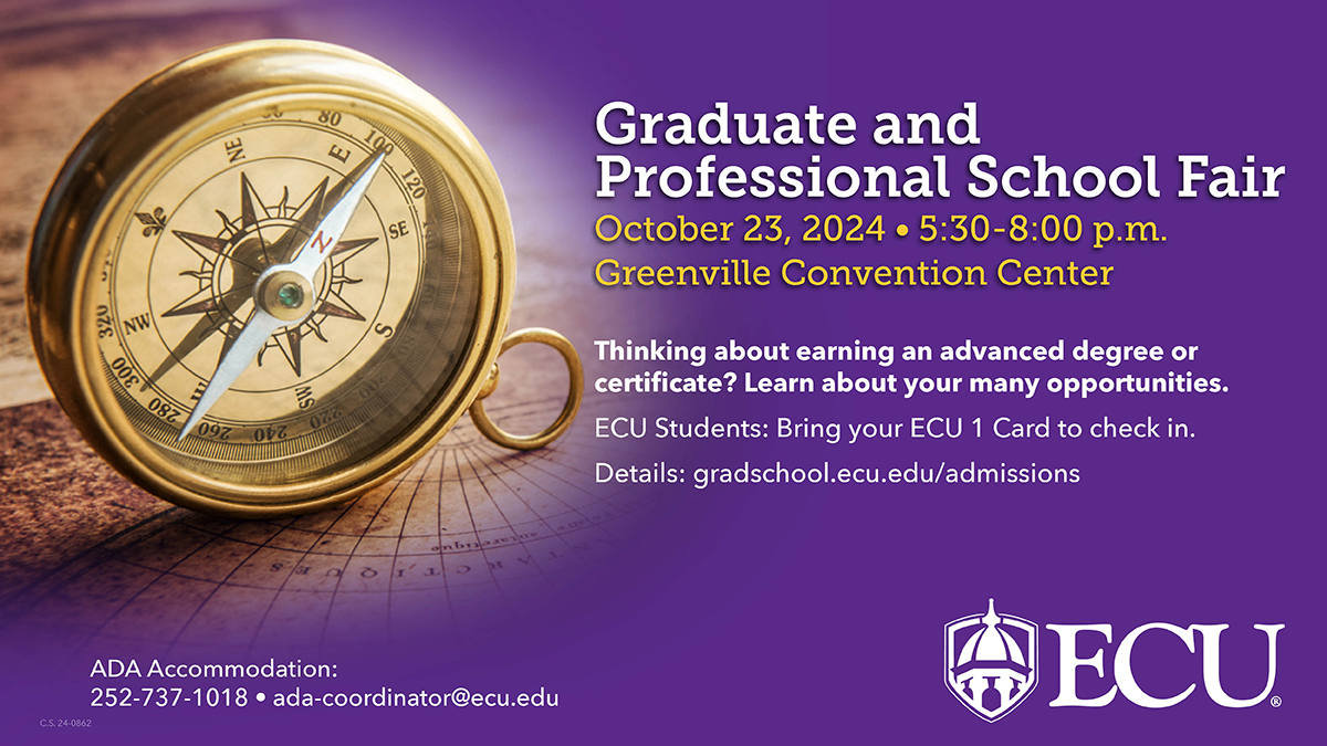 🚨 Under a week to go! Join us on Oct 23, 5:30-8 pm at the Greenville Convention Center for the Graduate and Professional School Fair. Explore advanced degrees and connect with programs! 

Register: bit.ly/3XD2EOT/

#GradFair #ECUGradSchool #greenvillenc