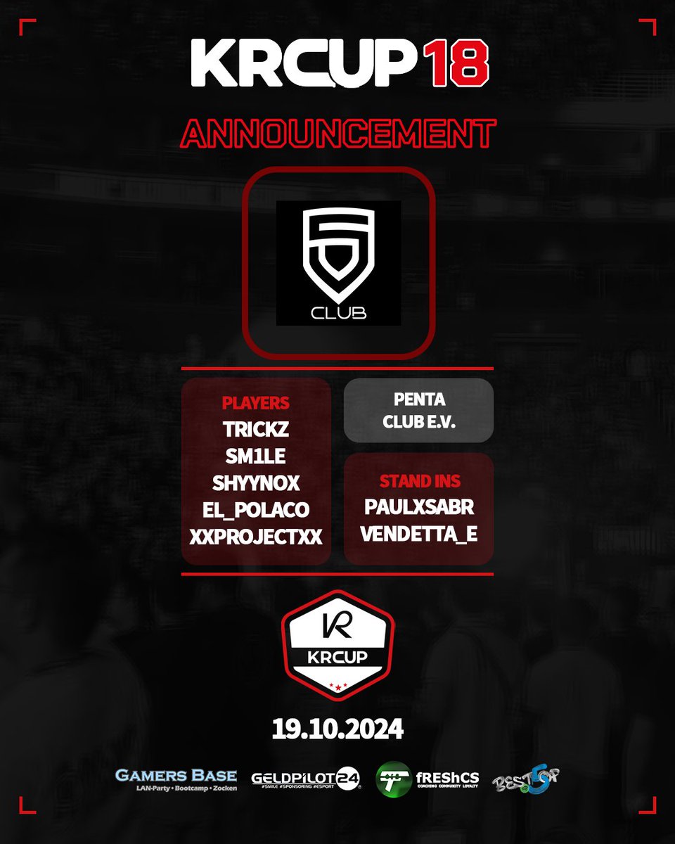 KRCup_de's tweet photo. Der siebte Teilnehmer beim #KRCup #18 @PENTA_CLUB
Line Up
#TrickZ
#Sm1Le
#Shyynox
#eL_Polaco
#xXProjectXx
Stand Ins
#paulxsabr
#Vendetta_E
Viel Erfolg bei dem Cup
---------
@fREShCS1 | @GELDPILOTeSport | @GamersBaseBC
| @BestOf5Podcast https://t.co/YX7PPYxYD7