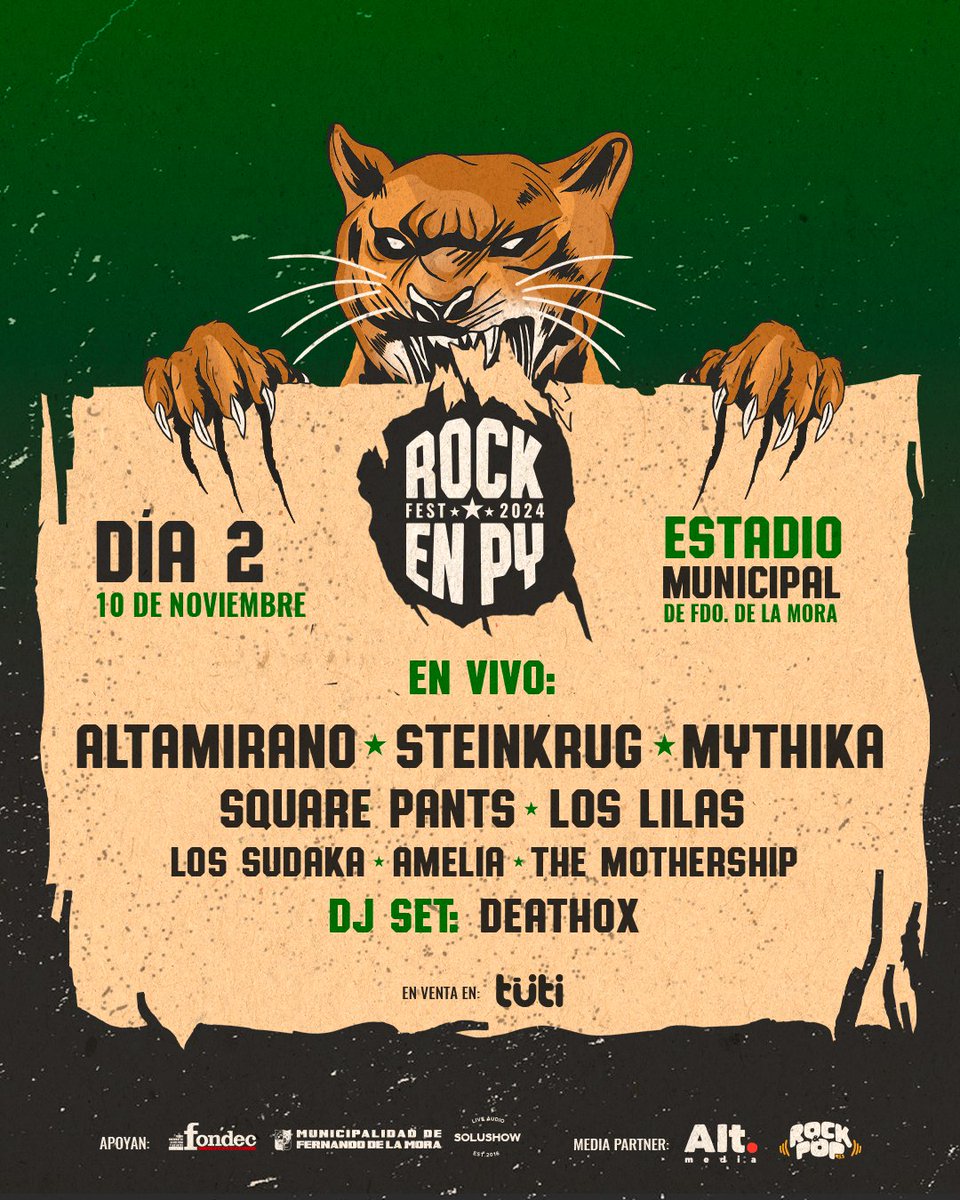 rockenpy's tweet image. Line Up Día 2 del #RockEnPyFest 2024

@altamiranopy 
@Steinkrug_ 
@mythika_py 
#squarepants
@loslilasok 
#lossudaka
#Amelia
#TheMothership 

Entradas en venta en @tutiparaguay 
Por Día Gs. 65.000
Combo 2 Días Gs.110.000