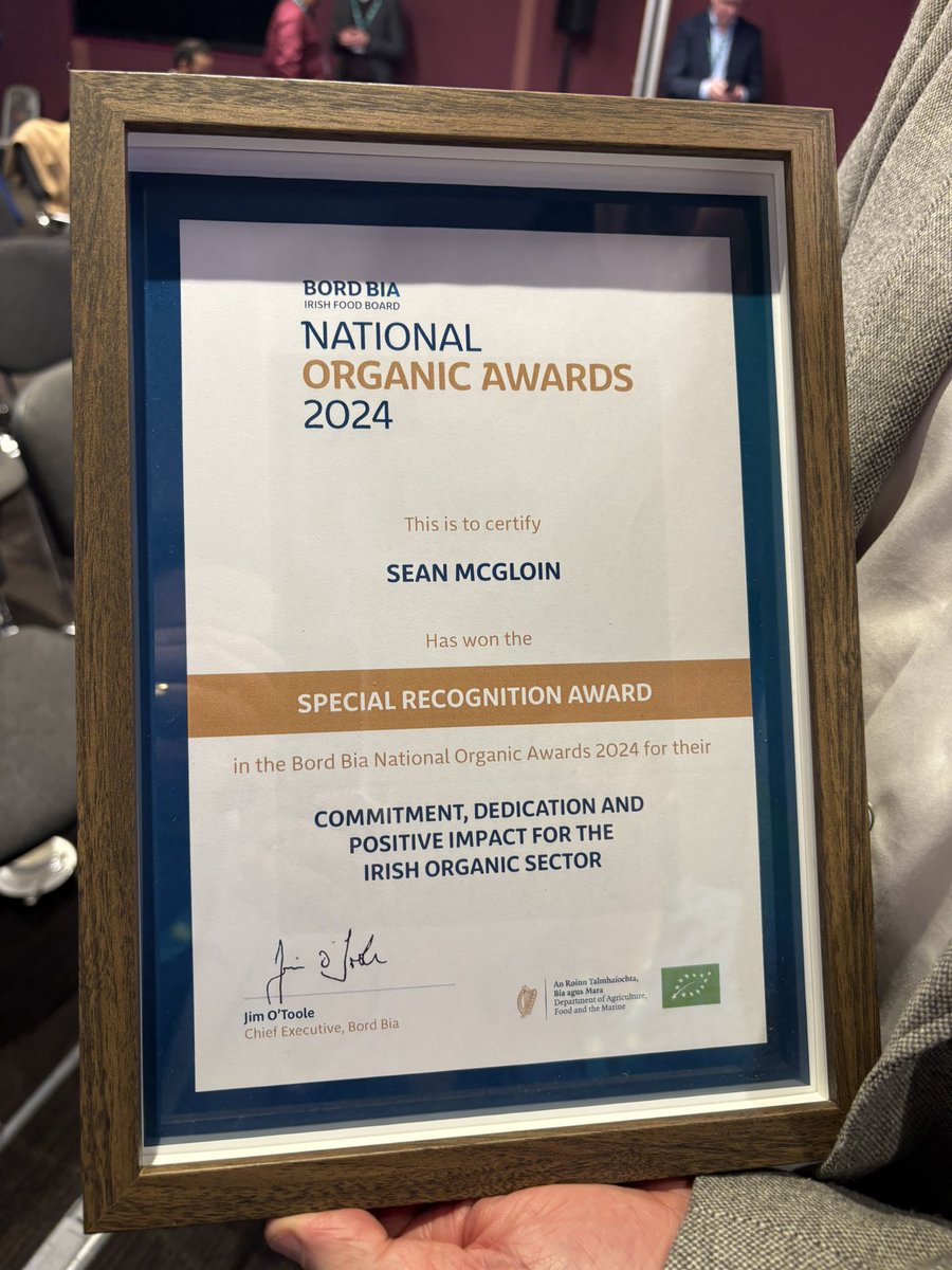 Brilliant day at the <a href="/Bordbia/">Bord Bia - The Irish Food Board</a> National Organic Awards. Alongside many wonderful organic businesses, our own Sean McGloin was honoured with a Special Recognition Award for his contributions to the organic sector for the past decade (or two!). Congrats all! #NationalOrganicAwards