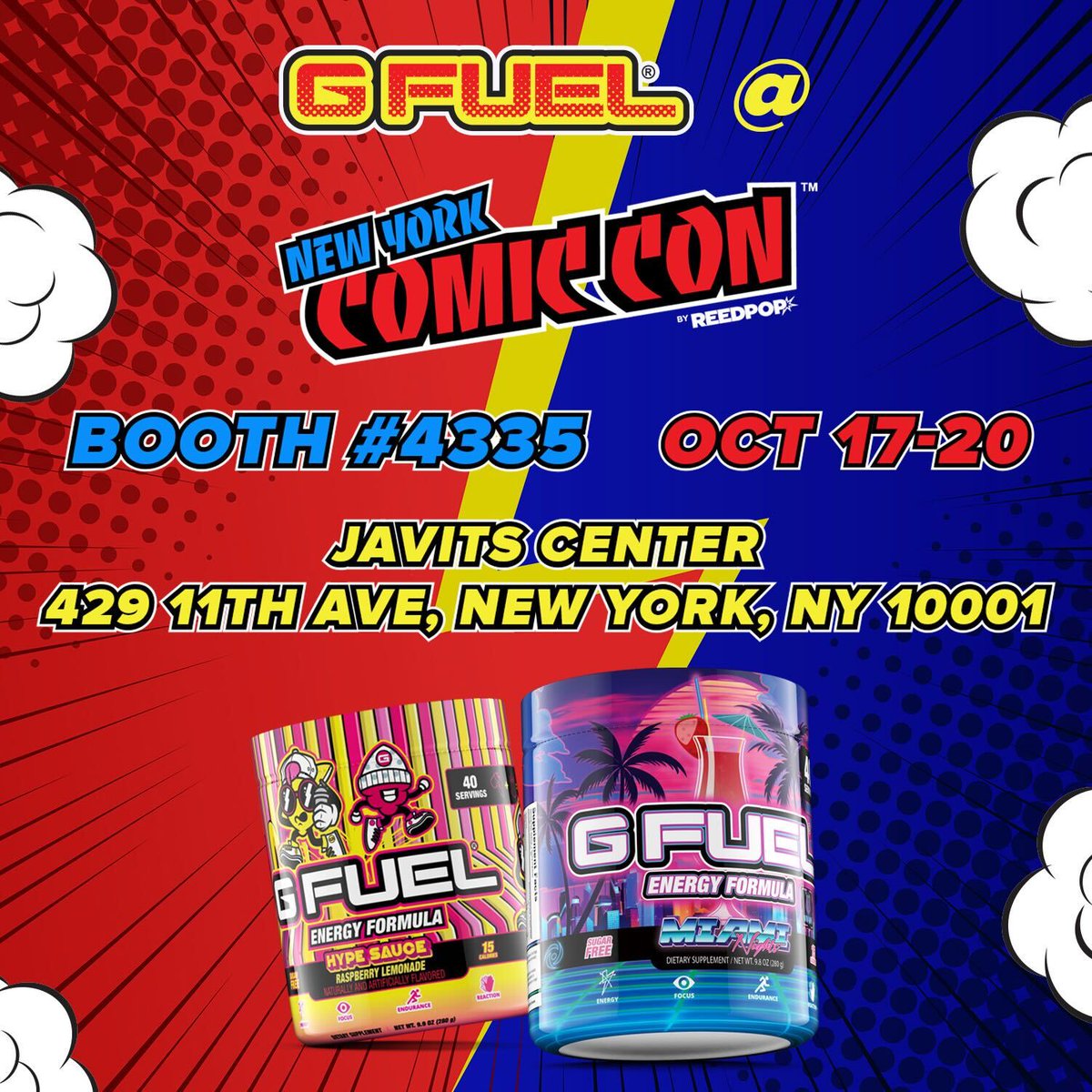 🚨 PEEP THE DEETS, PEOPLE!!! 

🚨TEAM #GFUEL will be in the building all weekend long <a href="/NY_Comic_Con/">New York Comic Con</a>!

🚨Pull up for some discounted G FUEL, free samples, and more. #IAmNYCC