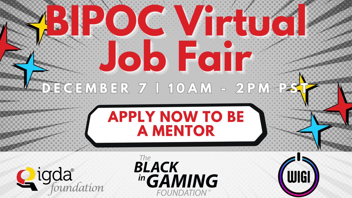 Women in Games International (WIGI) (@getwigi) on Twitter photo 🎉We want YOU to be a mentor 🎉
We've teamed up with <a href="/BlackinGaming/">Black In Gaming</a> and <a href="/IGDAFoundation/">IGDA Foundation</a> to hold a BIPOC Virtual Job Fair this 7 December! This is an opportunity to give back to the community, and help your fellow #gamedevs network and find new jobs. 🎉We want YOU to be a mentor 🎉
We've teamed up with <a href="/BlackinGaming/">Black In Gaming</a> and <a href="/IGDAFoundation/">IGDA Foundation</a> to hold a BIPOC Virtual Job Fair this 7 December! This is an opportunity to give back to the community, and help your fellow #gamedevs network and find new jobs.
