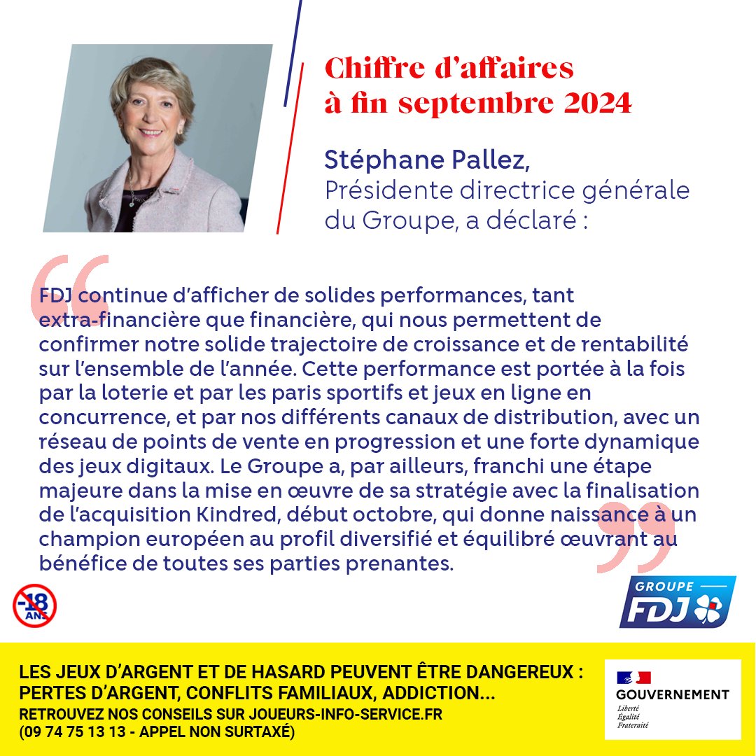 FDJ UNITED (@fdj_united) on Twitter photo « FDJ continue d’afficher de solides performances, tant extra-financière que financière, qui nous permettent de confirmer notre solide trajectoire de croissance et de rentabilité sur l’ensemble de l’année. » 🗣️<a href="/stephane_pallez/">Stéphane Pallez</a> , Présidente directrice générale #FDJ
▶️ « FDJ continue d’afficher de solides performances, tant extra-financière que financière, qui nous permettent de confirmer notre solide trajectoire de croissance et de rentabilité sur l’ensemble de l’année. » 🗣️<a href="/stephane_pallez/">Stéphane Pallez</a> , Présidente directrice générale #FDJ
▶️