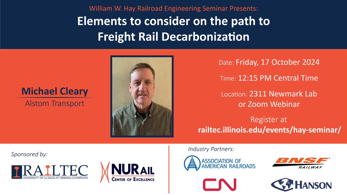 Join us tomorrow for the William W. Hay Railroad Engineering Seminar "Elements to Consider on the Path to Freight Rail Decarbonization" by Michael Cleary (<a href="/Alstom/">Alstom</a>).

Register at railtec.illinois.edu/events/hay-sem…
