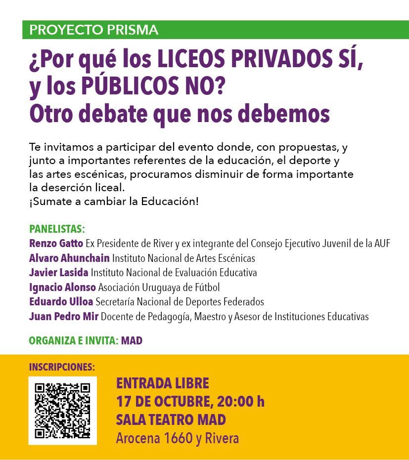 pindependiente_'s tweet photo. #HOY #PROYECTOPRISMA Otro debate que nos debemos: ¿Por qué los liceos privados sí y los públicos no? Participan: @rgattotrochon @javierlasida
@alvaroahunchain @juanpedromir @nachoalonso33
y Eduardo Ulloa.
📆 Jueves 17/10; 🕗20:00 hs.
📍MAD, Arocena 1660 https://t.co/MGS3kmD9E2