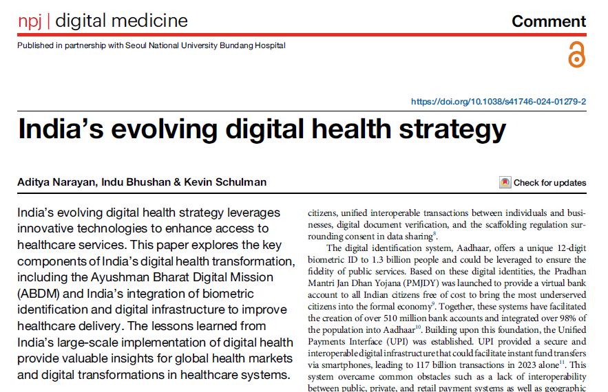 npj Digital Medicine (@npjdigitalmed) on Twitter photo What is the state of #digitalhealth transformation in #India?
Have a read of this commentary from <a href="/adityalearns/">Aditya Narayan</a>, <a href="/ibhushan/">Indu Bhushan</a> & <a href="/kevin_schulman/">Kevin Schulman</a> focussing on the Ayushman Bharat Digital Mission - launched in 2021 with a focus on creating a secure, integrated digital health What is the state of #digitalhealth transformation in #India?
Have a read of this commentary from <a href="/adityalearns/">Aditya Narayan</a>, <a href="/ibhushan/">Indu Bhushan</a> & <a href="/kevin_schulman/">Kevin Schulman</a> focussing on the Ayushman Bharat Digital Mission - launched in 2021 with a focus on creating a secure, integrated digital health