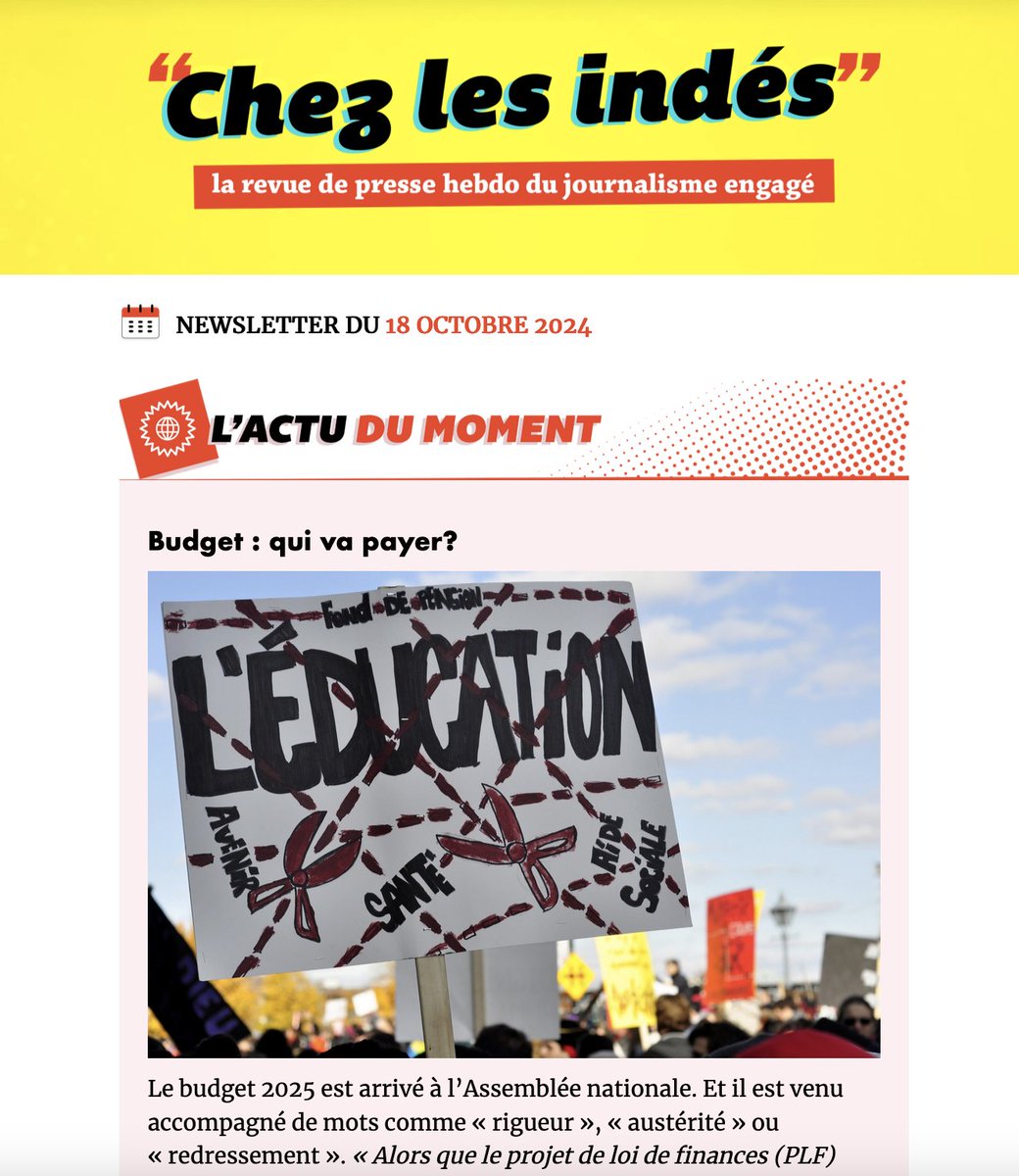 Portail des médias indés (@portailbasta) on Twitter photo Pour recevoir chaque vendredi, le meilleur de la semaine Chez les indés, inscrivez-vous à la newsletter 👉 basta.media/inscription-ne…
Avec <a href="/Lesjoursfr/">Les Jours</a>, <a href="/arretsurimages/">Arrêt sur images</a>, <a href="/Mediapart/">Mediapart</a>, <a href="/AlterEco_/">Alternatives Economiques</a>, <a href="/Splannenquetes/">Splann ! Lanceur d'enquêtes</a>, <a href="/Politis_fr/">Politis</a>, <a href="/Marsactu/">Marsactu</a>, <a href="/RevueFarOuest/">Revue Far Ouest</a>, <a href="/AfriqueXXI/">Afrique XXI</a> et <a href="/propublica/">ProPublica</a> Pour recevoir chaque vendredi, le meilleur de la semaine Chez les indés, inscrivez-vous à la newsletter 👉 basta.media/inscription-ne…
Avec <a href="/Lesjoursfr/">Les Jours</a>, <a href="/arretsurimages/">Arrêt sur images</a>, <a href="/Mediapart/">Mediapart</a>, <a href="/AlterEco_/">Alternatives Economiques</a>, <a href="/Splannenquetes/">Splann ! Lanceur d'enquêtes</a>, <a href="/Politis_fr/">Politis</a>, <a href="/Marsactu/">Marsactu</a>, <a href="/RevueFarOuest/">Revue Far Ouest</a>, <a href="/AfriqueXXI/">Afrique XXI</a> et <a href="/propublica/">ProPublica</a>