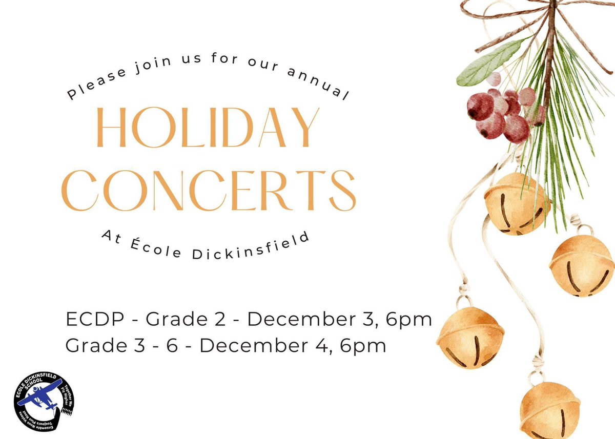 This colder weather has us thinking ahead to...HOLIDAY CONCERT SEASON! 🎄🎶🎉

ECDP-Gr 2 classes will perform on Dec 3 at 6pm while Gr 3-6 classes will perform on Dec 4 at 6pm. 

To note: Mme Chantalle's and Ms. Cochrane's Grade 2/3 classes will perform Dec. 3.