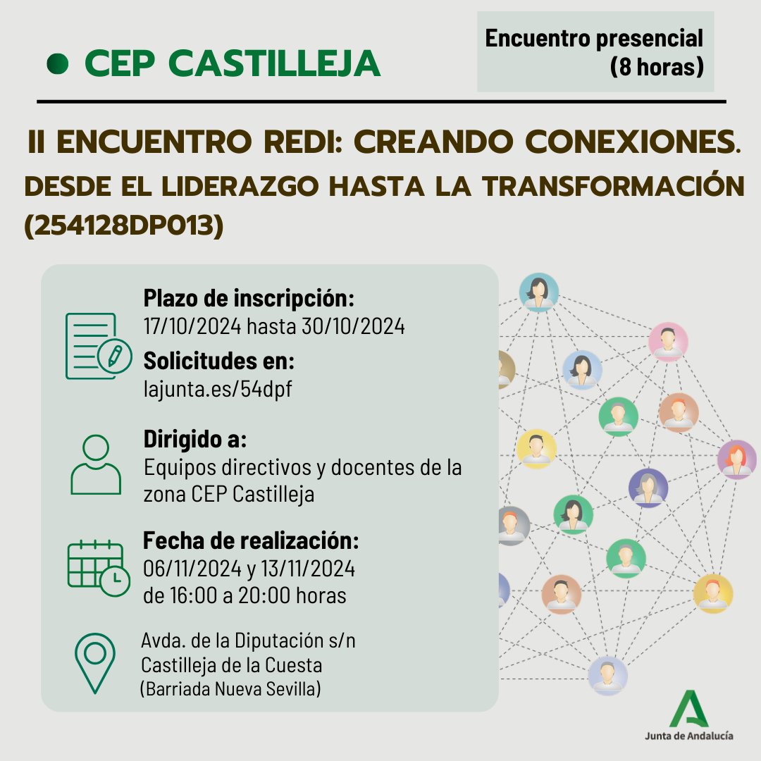 🫂Encuentro presencial en la zona <a href="/cepcastilleja/">CEP Castilleja</a>➡️

"II ENCUENTRO REDI: CREANDO CONEXIONES. DESDE EL LIDERAZGO HASTA LA TRANSFORMACIÓN"

🗓️ Fechas: 6⃣ y 1⃣3⃣ de noviembre de 16:00 a 20:00
📍 Lugar: CEP Castilleja
📝 Inscripciones hasta el 30/10/2024 en: lajunta.es/54dpf ✅