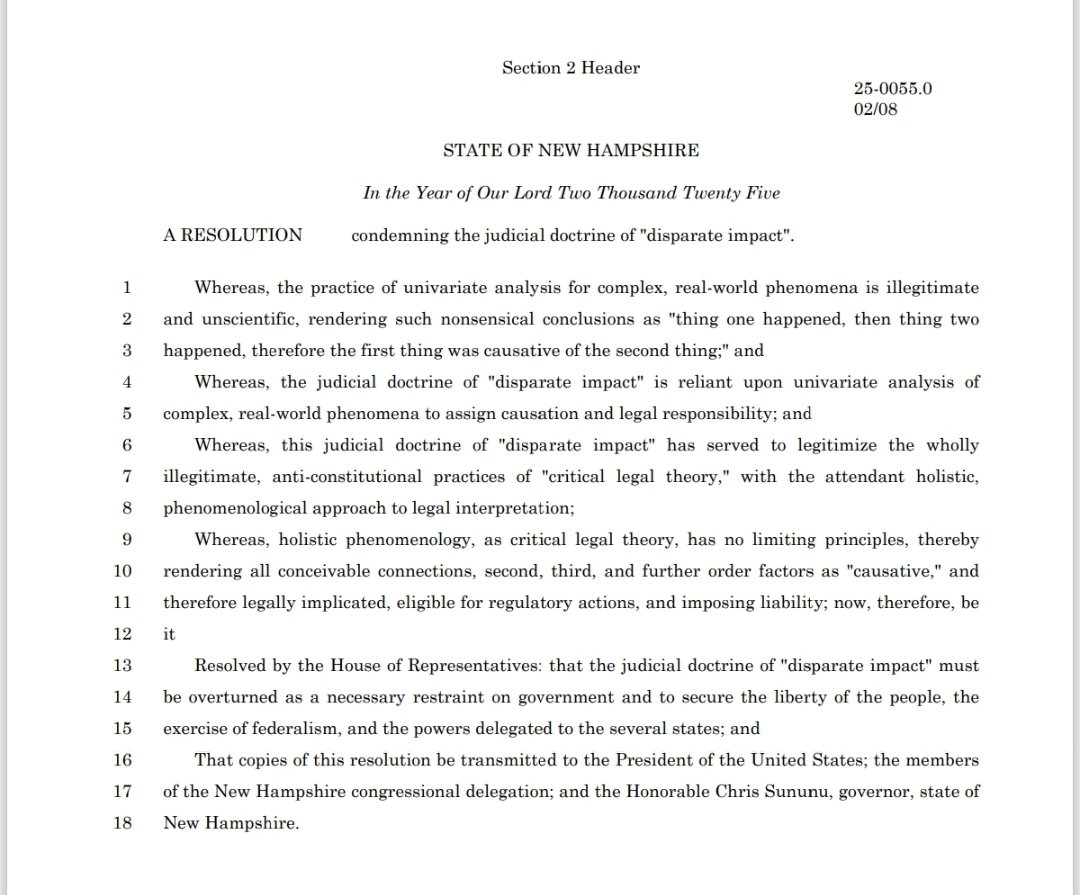 MikeBelcher14's tweet photo. 2025 Legislative preview thread (will be updated over time).

Up first, a proposed resolution condemning the doctrine of "disparate impact" that enables the tyrannical interpretation of the Civil Rights act were now living under.

This doctrine must be overturned.

Tell your representatives to get it done.
@ConceptualJames @SovMichael @philthatremains @4TiffanyJustice @Moms4Liberty @APhilosophae @BasedMikeLee @charliekirk11