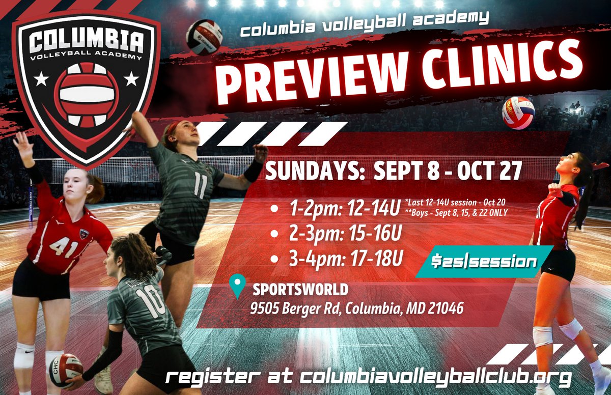 Our last 12u-14u Preview Clinic is THIS SUNDAY, 10/20! Come check us out!  🏐 👀 

Visit our Preview Clinics and see how our team works, meet our coaches, and learn a lot!
Register &amp; More Info 👉 bit.ly/3YpeVqc
