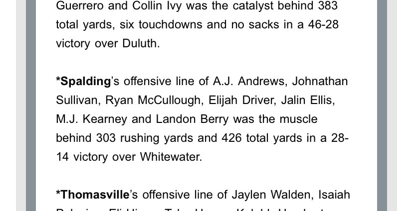 Thomas Hoffmann (@coachthoffmann) on Twitter photo Shout out to the <a href="/high_spalding/">Spalding High Football</a> football offensive linemen and TEs for their work last week in a key region game! Glad to see them recognized as a line of distinction in the <a href="/GHSFdaily/">GHSF Daily</a> ❗️#MGOA Shout out to the <a href="/high_spalding/">Spalding High Football</a> football offensive linemen and TEs for their work last week in a key region game! Glad to see them recognized as a line of distinction in the <a href="/GHSFdaily/">GHSF Daily</a> ❗️#MGOA