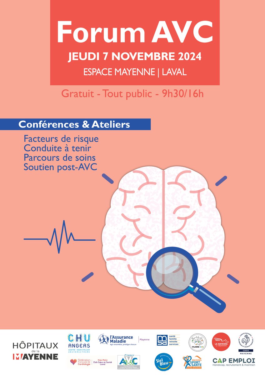 📢Evénement #prévention #santé
Forum pour comprendre et prévenir l'AVC
📆Jeudi 7 novembre à Laval, à l'Espace Mayenne
📍gratuit, tout public
Organisé par les Hôpitaux de la Mayenne et la filière AVC hémi-régionale Est des PdL avec l’appui du CHU d'Angers et des partenaires