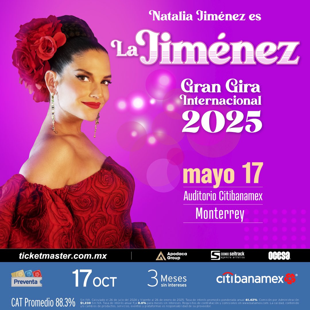 auditbanamex_'s tweet photo. Natalia Jiménez y su Gran Gira Internacional 2025 llegan al Auditorio Citibanamex el próximo 17 de mayo ❤️⚡️
🎟️ Preventa Citibanamex hoy a partir de las 11:00 hrs en Ticketmaster vía https://t.co/q5vP4H5DhG y taquillas del Auditorio 
💳 Venta General 18 de octubre. https://t.co/wr3cBbNA8t