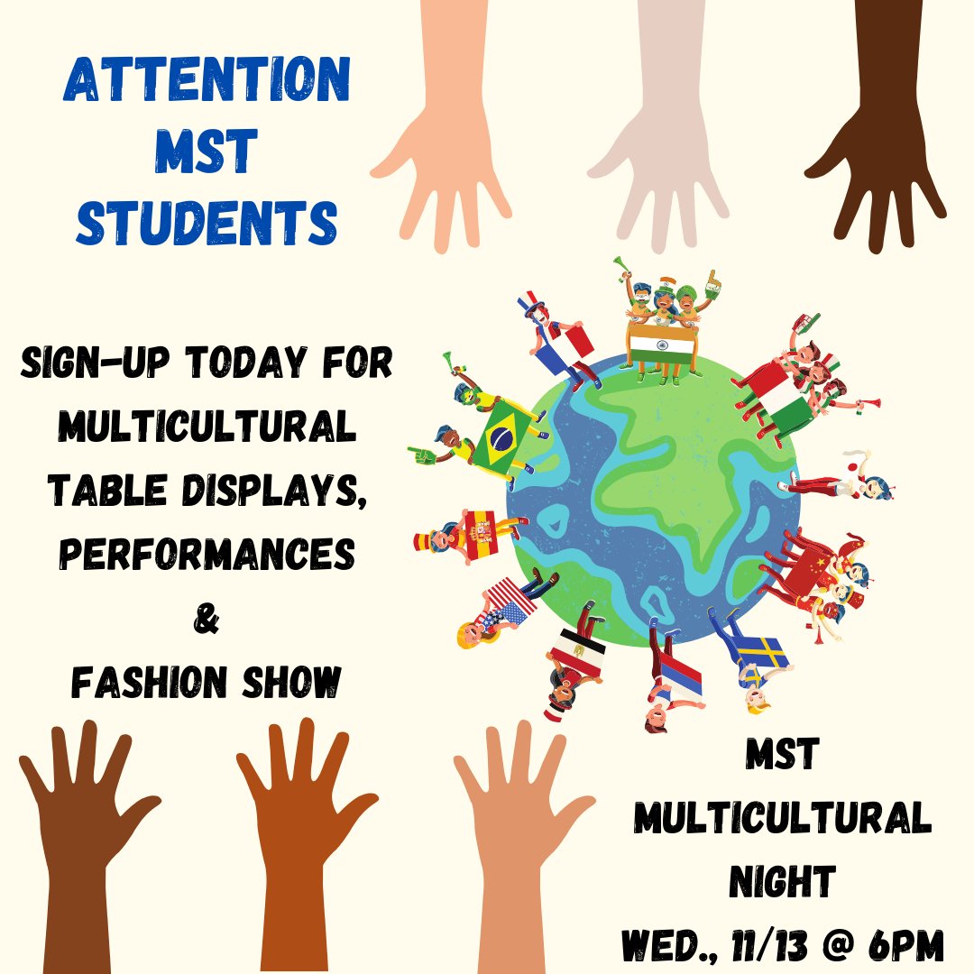 MST STUDENTS! Sign-up here to share your cultural dress, dance, and/or heritage at the MST PTA Multicultural Night!

docs.google.com/forms/d/e/1FAI…
