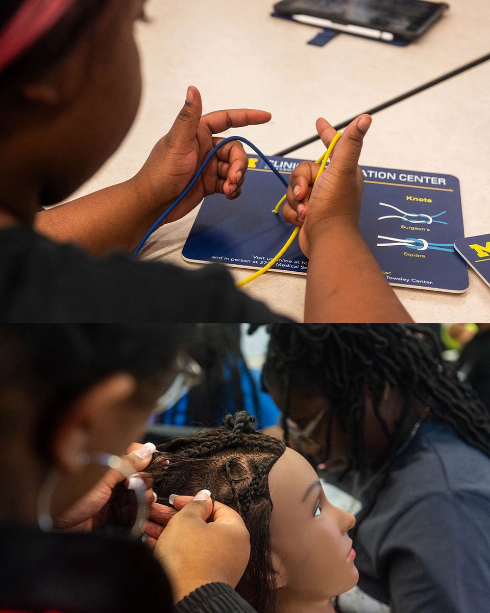 UMichMedSchool's tweet photo. Med students, surgeons and Finesse One hairstylists hosted Braids, Twists, and Surgical Knots, a workshop encouraging Black students to consider a career in medicine by connecting the field to the cultural narrative of their hair. #GoBlueMed #MedEd https://t.co/HE9kpsPwCP
