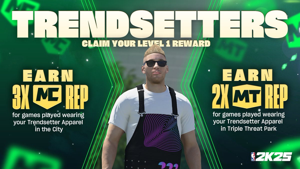 NBA2K's tweet photo. Put your Trendsetters apparel on and earn 3XREP in The City and 2XREP in Triple Threat Park today! 📈 https://t.co/v0P9L72MiK